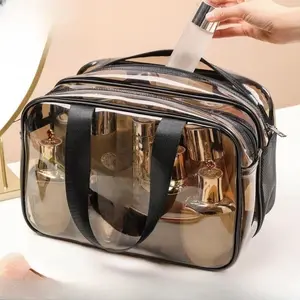 New Retro Vintage Vanity Bag, Vintage Makeup Bag, Ladies Large Capacity Makeup Organizer, Waterproof Transparent with Zipper Toiletry Bag, Women Ladies Travel Storage Case (Transparent brown)