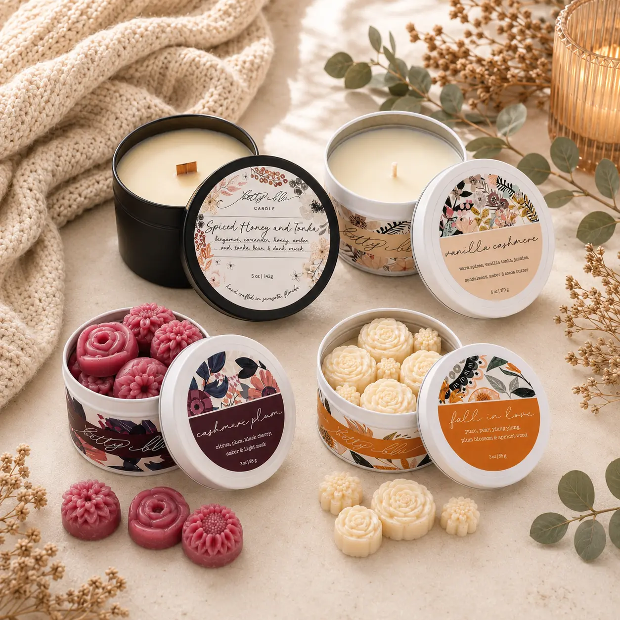 Candle & Wax Melt Gift Set | Sweater Weather | Vanilla Cashmere Spiced Honey Plum | 2 Candles 2 Wax Melts | Cozy Fall Home Fragrance | BettyBlu