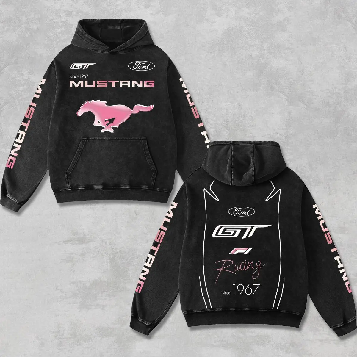 Vintage Ford Mustang GT Racing Hoodie Pink Pony Graphic Washed Hoodie Unisex Streetwear Pullover Hooded Sweatshirt for Men Women Casual Racing Fan Gift Heavyweight Vintage Style Hoodie