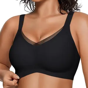Women Plus Size Wire-Free Cross Mesh Bra, Seamless Side Fat Coverage Jelly Strip Comfort Daily Underwear
