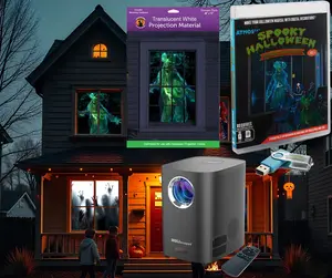 Spooky Halloween Digital Decoration Kit Includes 9 AtmosFX Video Effects for Halloween Plus HD Super Bright Projector and 48” x 72” Holographic Projection Screen