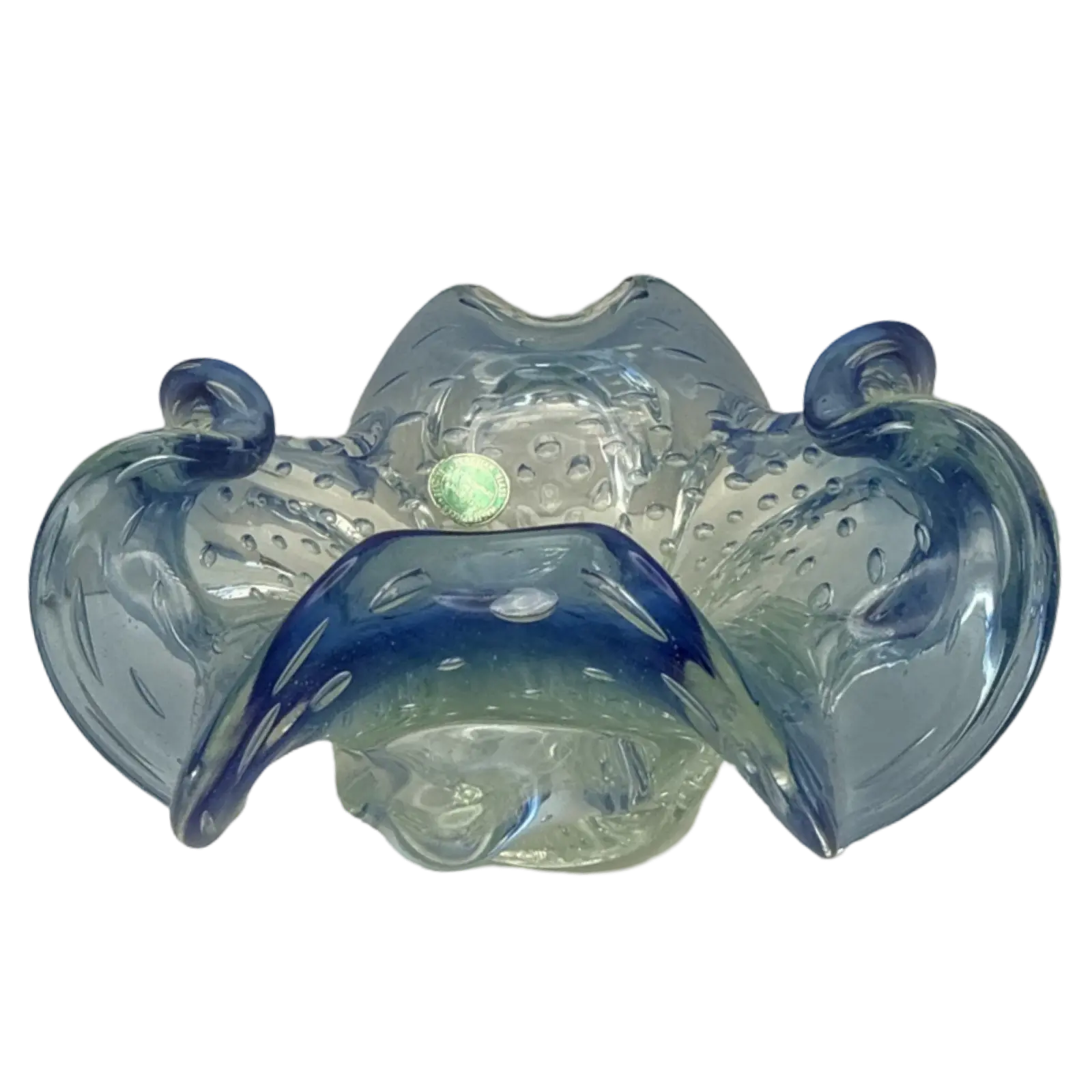 Vintage Murano Blue Controlled Bubble Ruffled Art Glass Bowl