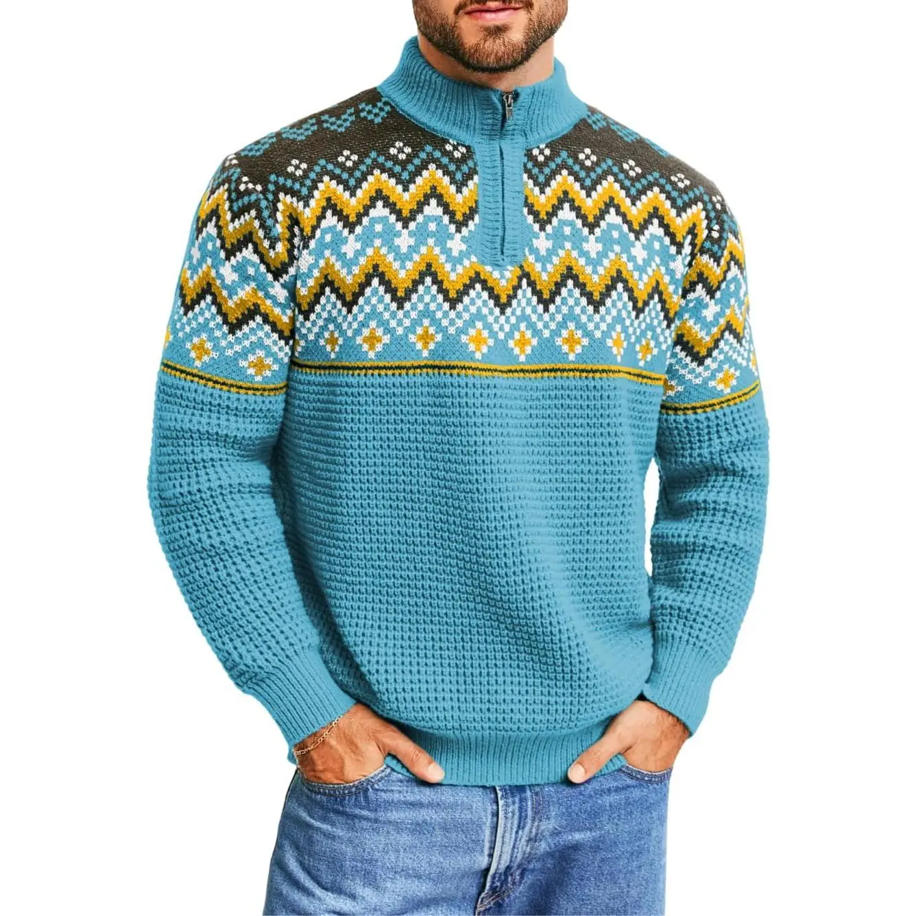 ChiaoLezhee Men's 1/4 Quarter-Zip Fair Isle Collared Neck Knitwear Sweater - Soft, Geometric Ethnic, Christmas-Inspired Waffle-Knitted Stand Collar, Nordic Vintage Long-Sleeve Loose-Fitting Pullover, Sturdy Hem, Sizes 32-42, Casual Retro Adult Tops