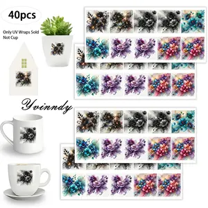 40Pcs/set Watercolor Flowers Iron On Stickers For Cup Be Waterproof UV DTF Printable Vinyl Paper Fun Designs Durable Construction Long-Lasting Adhesion Must-Have For Craft Enthusiasts Cups Mugs Sticker Sold Only Sticker Not Cup