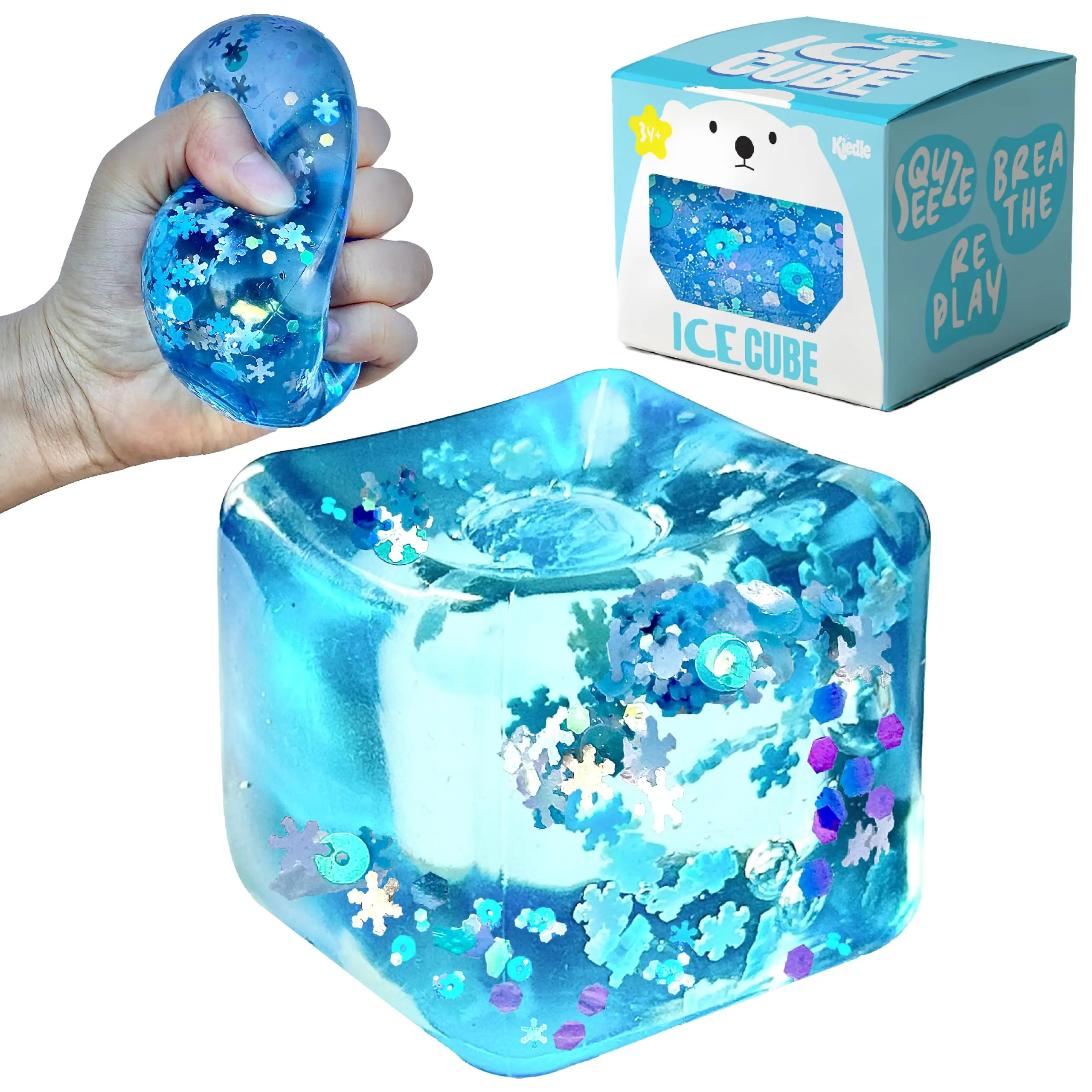Premium Big Ice Cube with Snowflakes, Odor-Free Slow Rise Cool Sensory Squishy Squeeze Cute Fidget Toy - Easy to Clean - Durable - Gift-Ready - Children Safety Certificate & ASTM Certified 3+