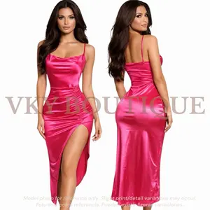 Satin Ruched Slit Midi Dress - Elegant Party Wear with Spaghetti Straps and Side Slit Design