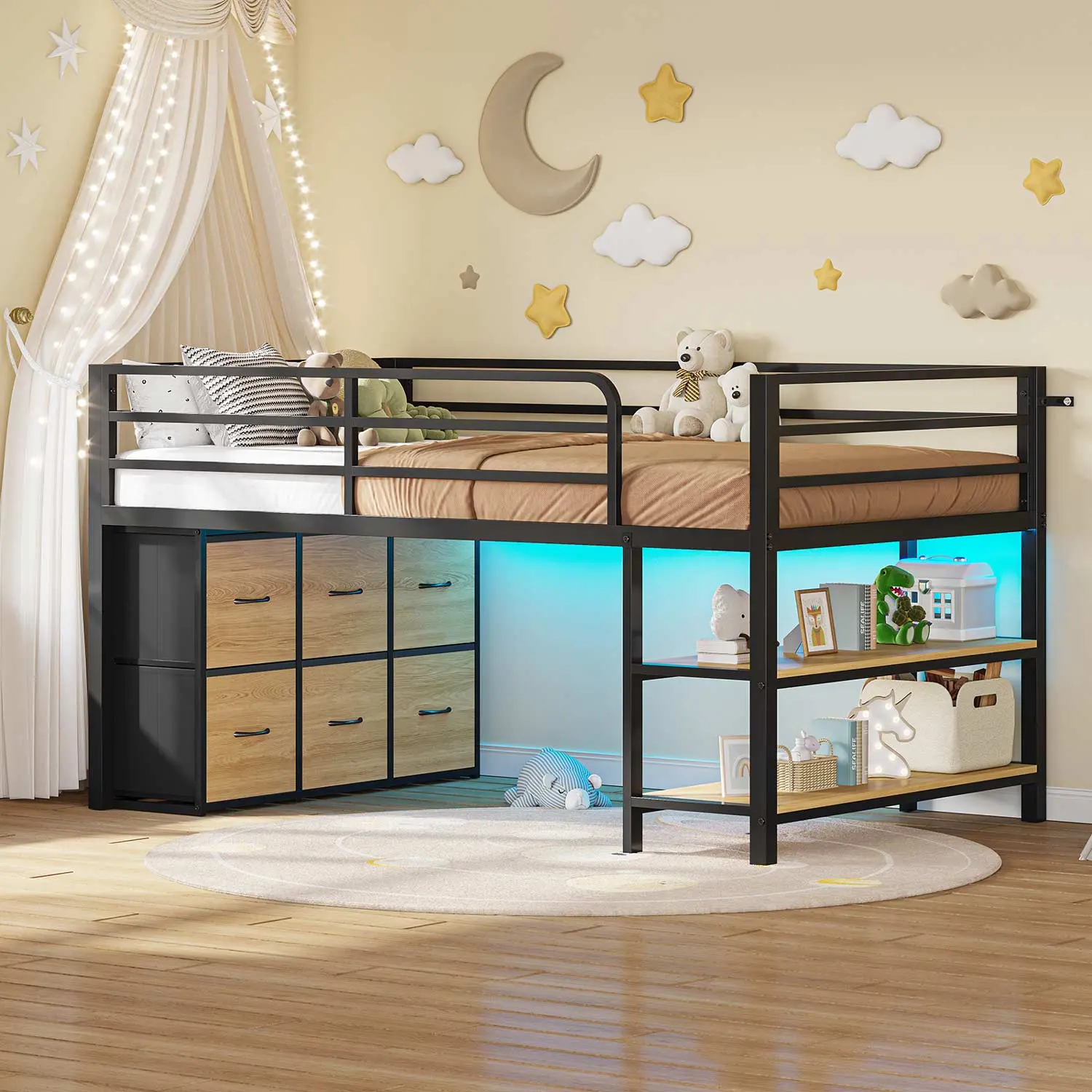 SIKAIC Black & Natural Twin Bed Frame - Compact, Elevated, Ultra Low Profile Floating LED-Lit Unit with Multi-Layer Hidden Storage Compartments, Ambient Silhouette Lighting for Bedroom Optimization, Compact Bed-Fit Bed Frames, Elevated Bed Bed Frames