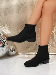 Women's Elastic Knit Sock Boots, New Fall Fashion Versatile Slimming Chunky Heel Short Boots, Stylish Casual Shoes for All Occasions