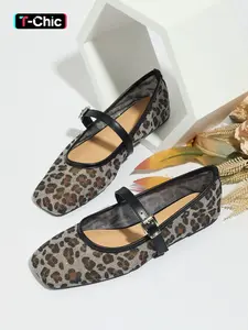 Women's Leopard Print Slip-On Netted Ballet Flats, Breathable Mesh Square Toe Mary Jane Shoes, Lightweight Comfortable Casual Sandals