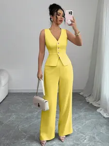 Women Elegant Sleeveless Suit Vest And Pants Set, Business Casual, Summer