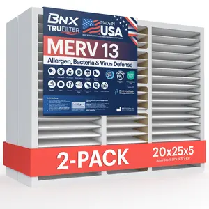 BNX TruFilter 20x25x5 Air Filter MERV 13 (2-Pack) - MADE IN USA - Electrostatic Pleated Air Conditioner HVAC AC Furnace Filters for Allergies, Pollen, Mold, Bacteria, Smoke, Allergen, MPR 1900 FPR 10