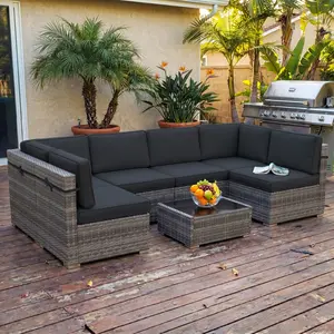 LayinSun 7 Pieces Patio Furniture Conversation Sofa Set Outdoor Sectional Wicker Sofa Set with Coffee Table