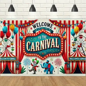 1pc 2D Vintage Carnival Themed Banner, Circus Clown, Elephant & Ferris Wheel Printed Backdrop, Cheerful Festive Vibe, Ideal for Carnival Parties, Circus-Themed Gatherings, Amusement Park Events & Indoor/Outdoor Photo Booth Decor