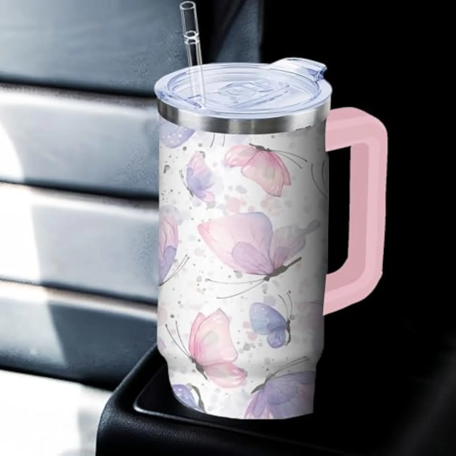Kearscupra 40 oz Butterfly Tumbler with Handle and Straw Insulated Stainless Steel Cup for Daily Use and Outdoor Activities