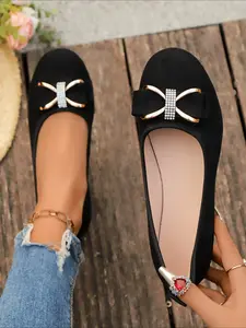 Suede Bow Rhinestone Flats, Soft Non-Slip Mom Shoes, Slip-On Lazy Loafers