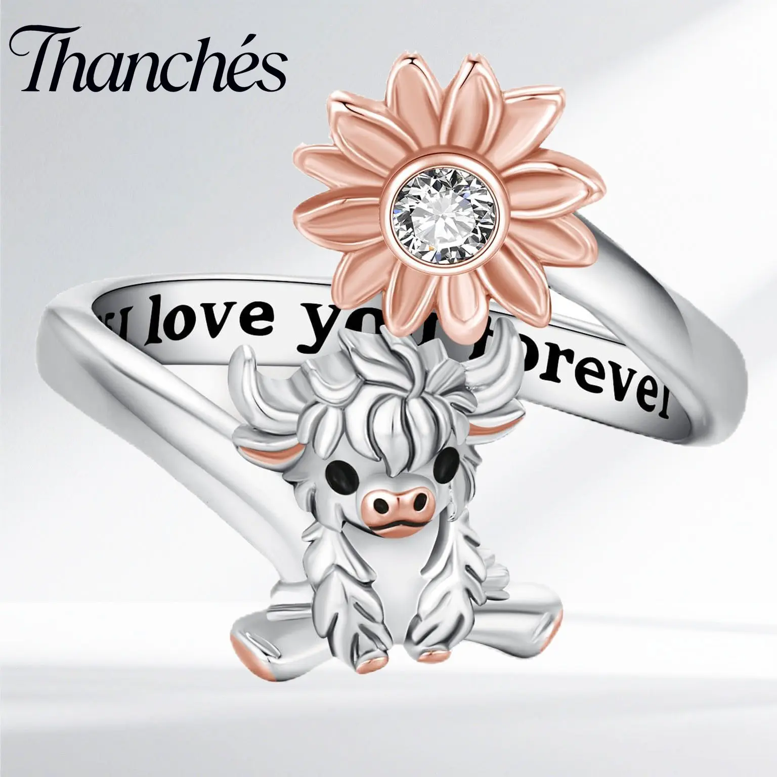 Thanches Highland Cow Ring 925 Sterling Silver Viking Norse Vintage Adjustable Open Cute Animal Gothic Sunflower Heart Jewelry for Women Men Charming Accessory Gift
