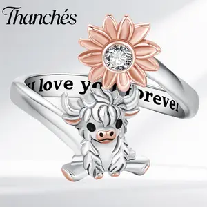 Thanches Highland Cow Ring 925 Sterling Silver Viking Norse Vintage Adjustable Open Cute Animal Gothic Sunflower Heart Jewelry for Women Men Charming Accessory Gift