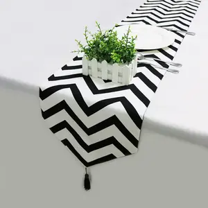 New Black White Striped Table Runner Tea Table TV Cabinet Tablecloth Home Decor Cover Table Cloth with Tassel Party Bed Runner BIT.FLY