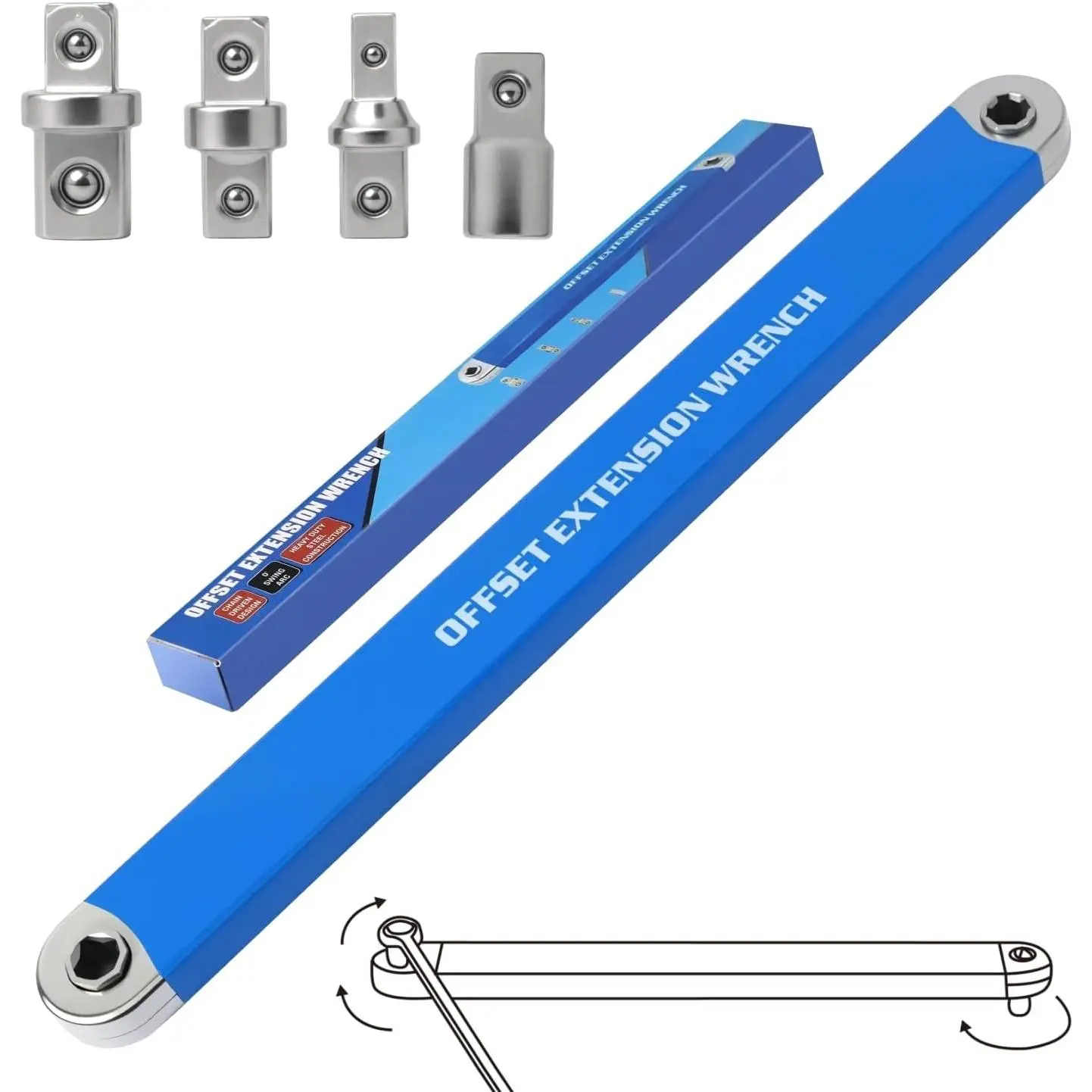 Offset Extension Wrench, Zero Degree Ratchet Extension Set Impact Ready Socket Wrench Extender Tool with 1/2", 1/4", 3/8" Drive Adapters and 1/4" Socket for Tight Place (Blue)
