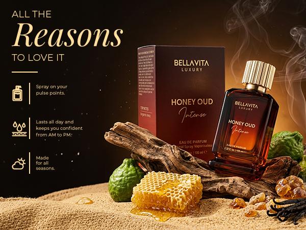 Bellavita Luxury Honey Oud Intense Eau De Parfum | Long-Lasting Unisex Perfume | 100 ml | Honey, Oud, Vanilla & Amber Fragrance | Rich Oriental Woody Perfume for Men & Women