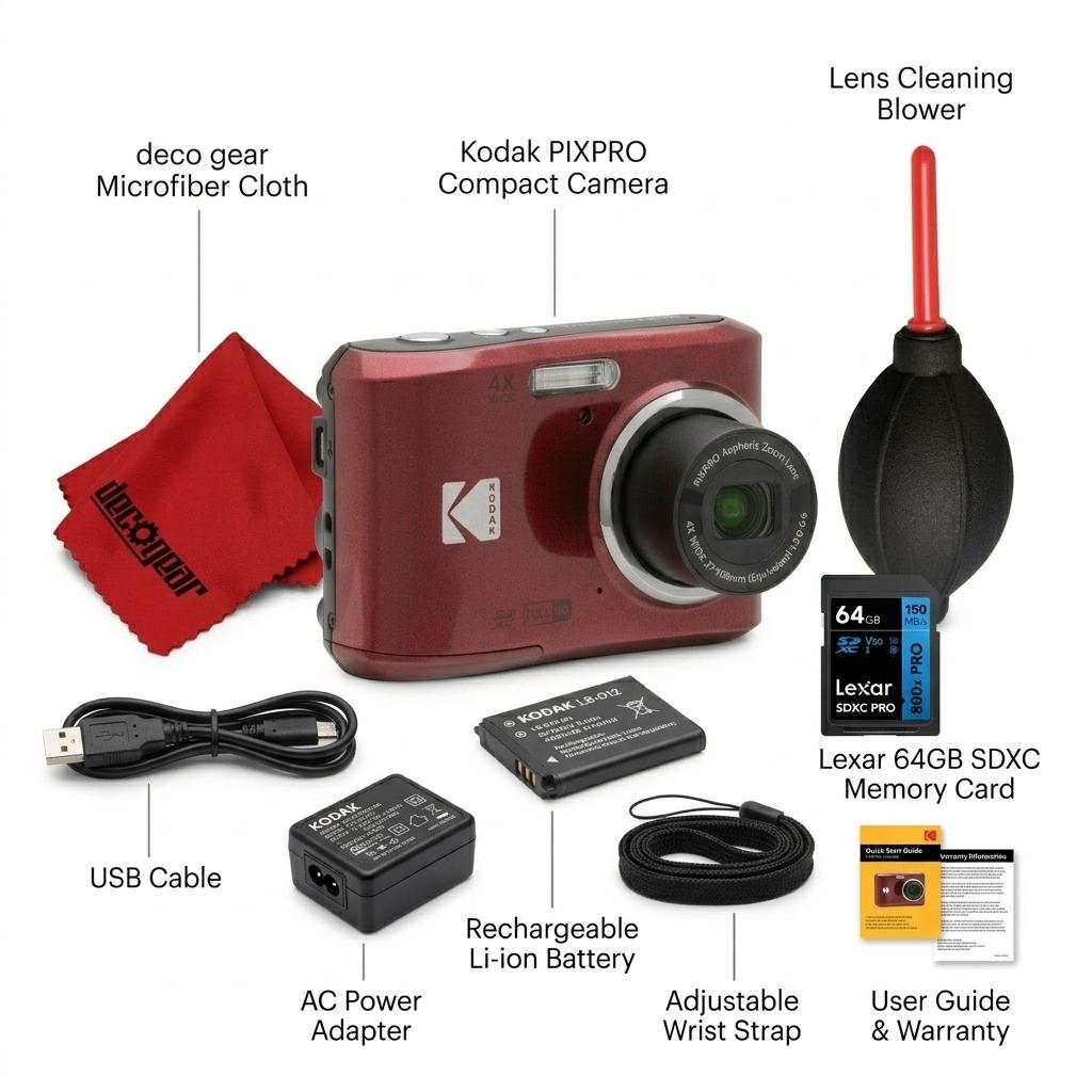 Kodak PIXPRO FZ45 16MP Digital Camera, Red Bundle with Lexar 64GB Memory Card