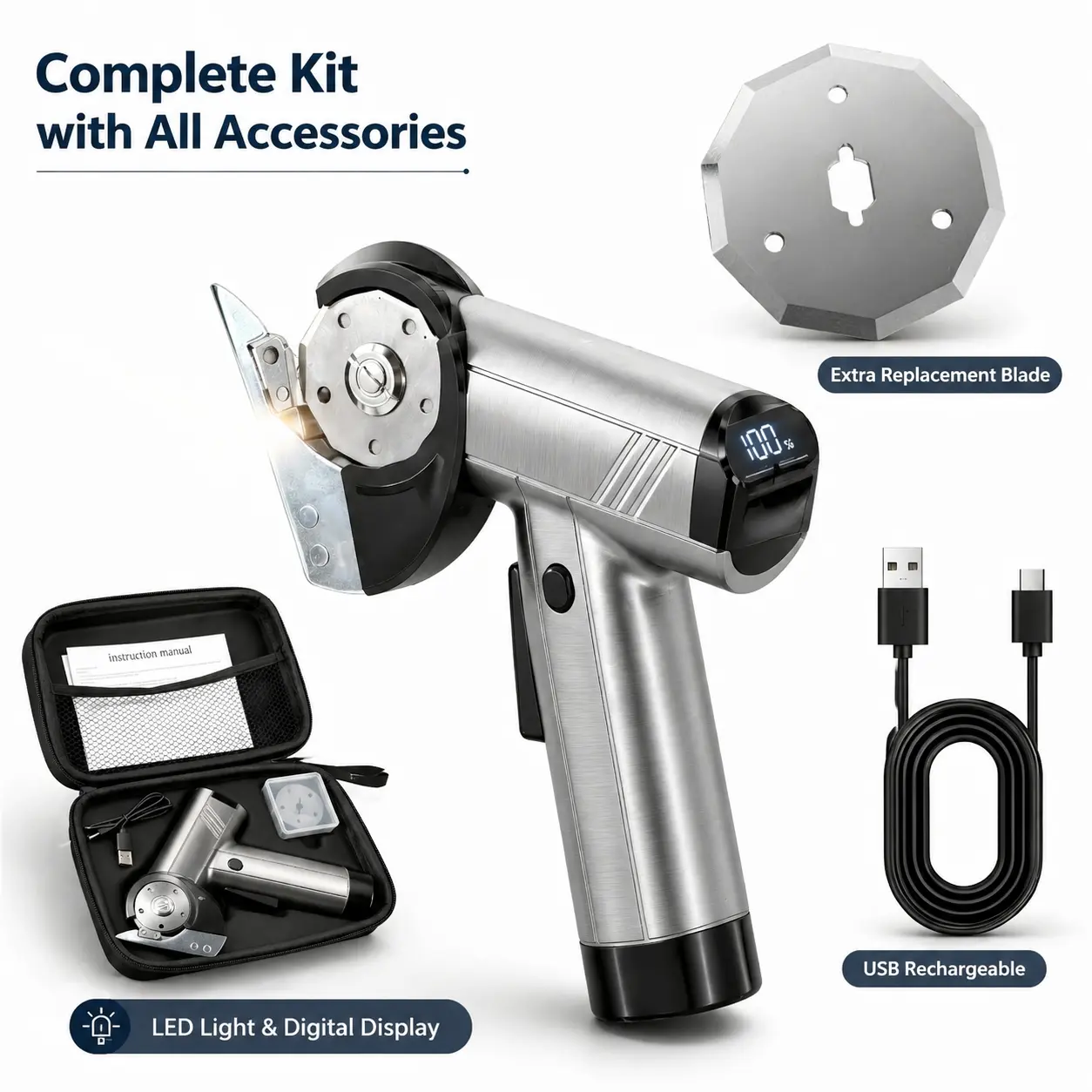 Rechargeable Cordless Electric Rotary Cutter with Safety Lock, LED Light & Digital Display – Hand Tool for DIY Projects Cutting Fabric, Denim, Carpet