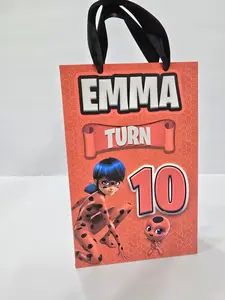 12 pcs Personalized Birthday Gift Bags with Name and Age – Bags with Ribbon Handles- 8.5"x5.5 (Lady bug)