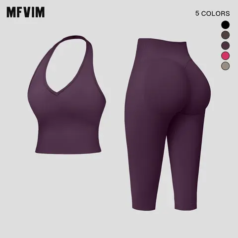 MFVIM Women's 2-Piece Bare-Feel Skin-Friendly Halter Fitness Apparel Set - High-Stretch Waist-Cinching Crop Top with Tummy Control, Butt Lift 7/8 Tight Yoga Set, Athleisure Activewear Clothing, Travel Essentials
