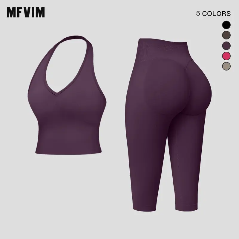 MFVIM Women's 2-Piece Bare-Feel Skin-Friendly Halter Fitness Apparel Set - High-Stretch Waist-Cinching Crop Top with Tummy Control, Butt Lift 7/8 Tight Yoga Set, Athleisure Activewear Clothing, Travel Essentials