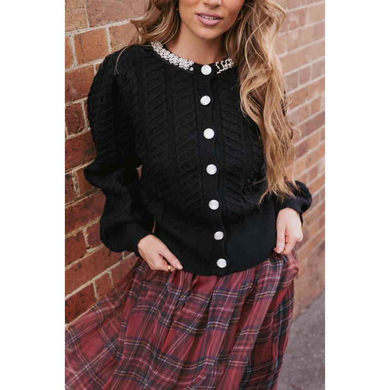 Sheena Rhinestone Collar Holiday Cardigan - Black