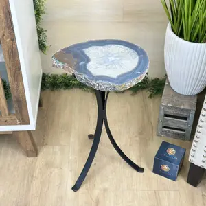 Natural Brazilian Agate Side Table on a black metal base, 21.7" Tall #1305-0178