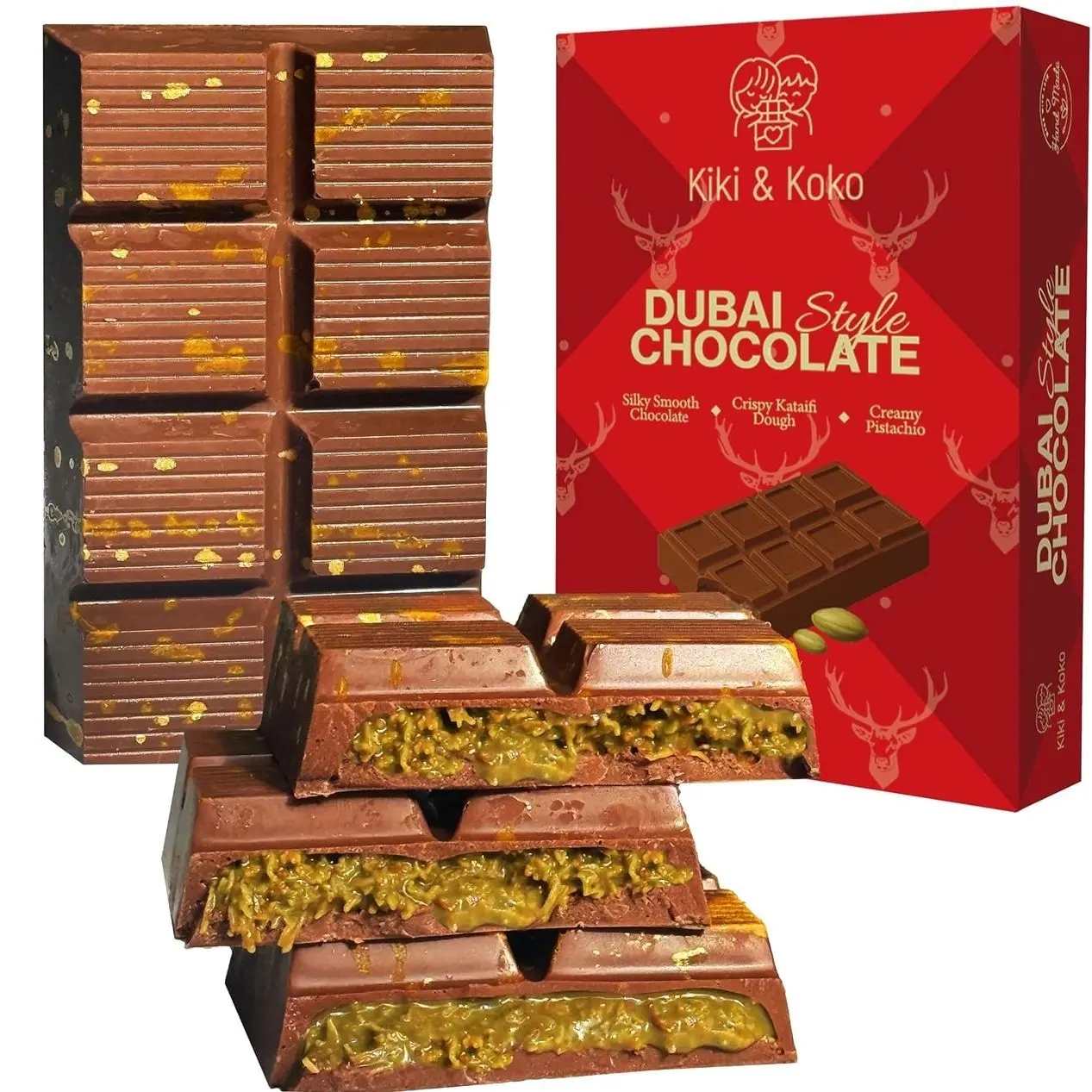 Dubai Chocolate Pistachio Bar 6.5oz - Handmade Kunafa Baklava-Inspired Dessert with European Milk Chocolate and Pistachio Cream