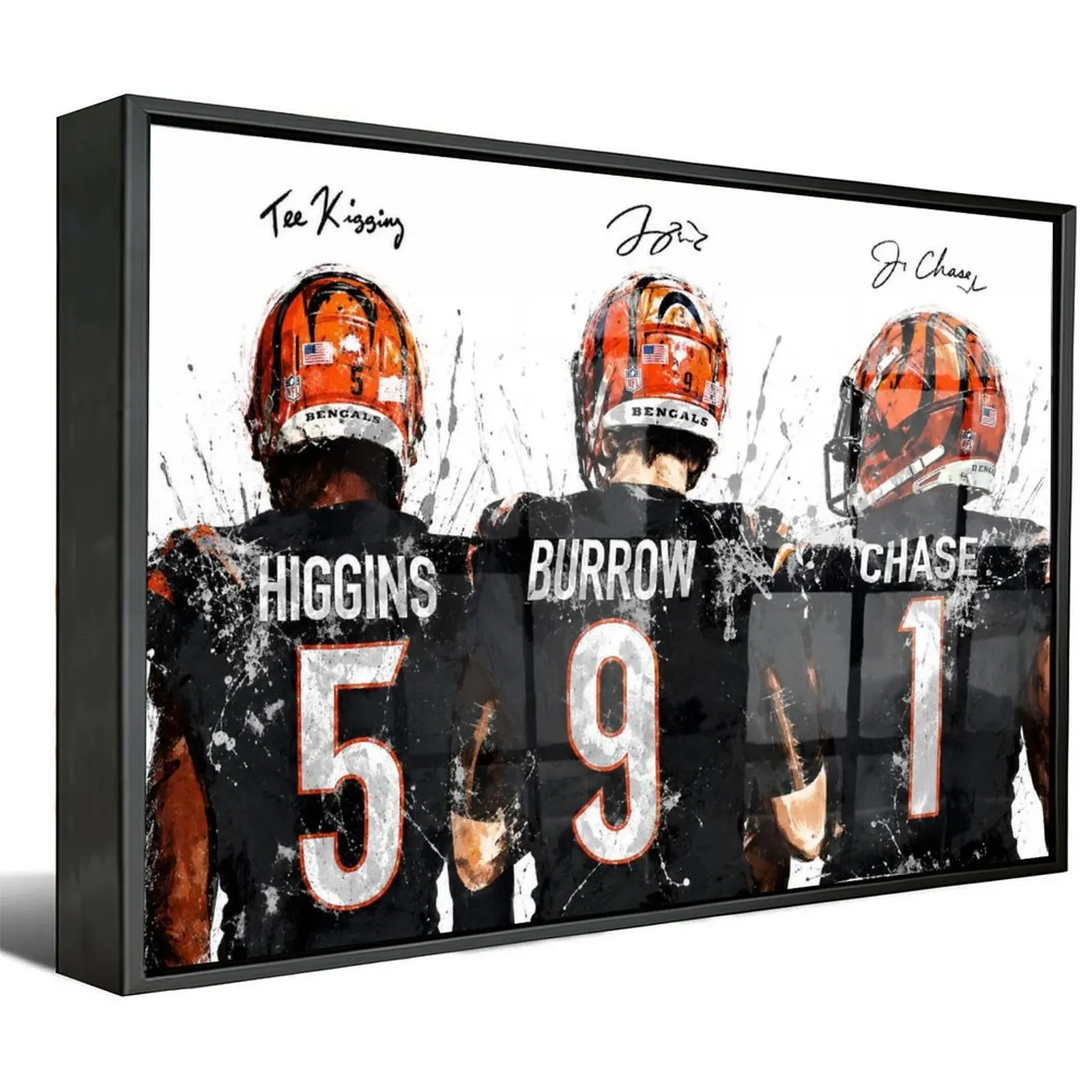 Cincinnati Bengals Joe Burrow Ja'Marr Chase Tee Higgins Trio Canvas Wall Art, Who Dey Splash Watercolor Signed Football Poster, NFL Bengals Offense Stars Decor for Man Cave Game Room, Framed Unframed Multiple Sizes