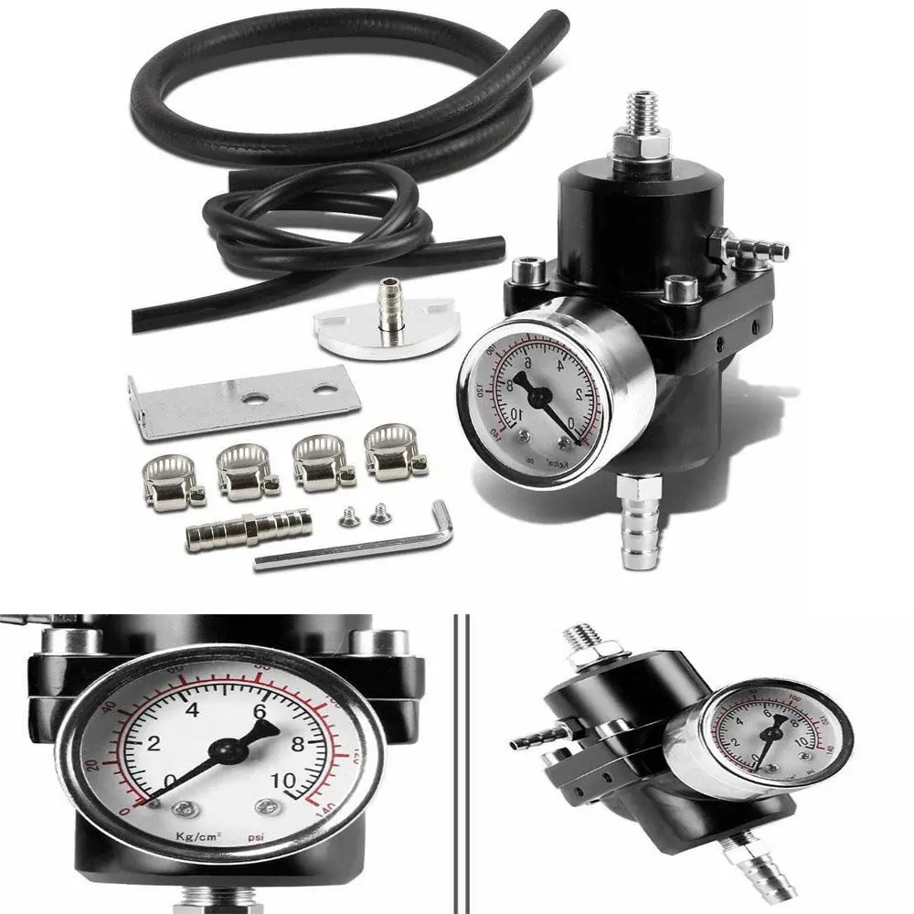 Universal Fit Fuel Pressure Regulator, Black Aluminum Alloy with Adjustable 0-140 PSI Gauge, All-in-1 Complete Kit for Easy Install and Pressure Control, Adjustable Psi, Fuel System, 0-140Psi Gauge, All-In-One Complete Kit
