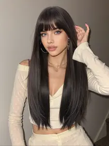 Long Straight Wig with Bangs for Women, 26 Inch Soft and Natural Synthetic Hair High-Temperature Fiber Wig, Perfect for Daily Life and Cosplay Wig