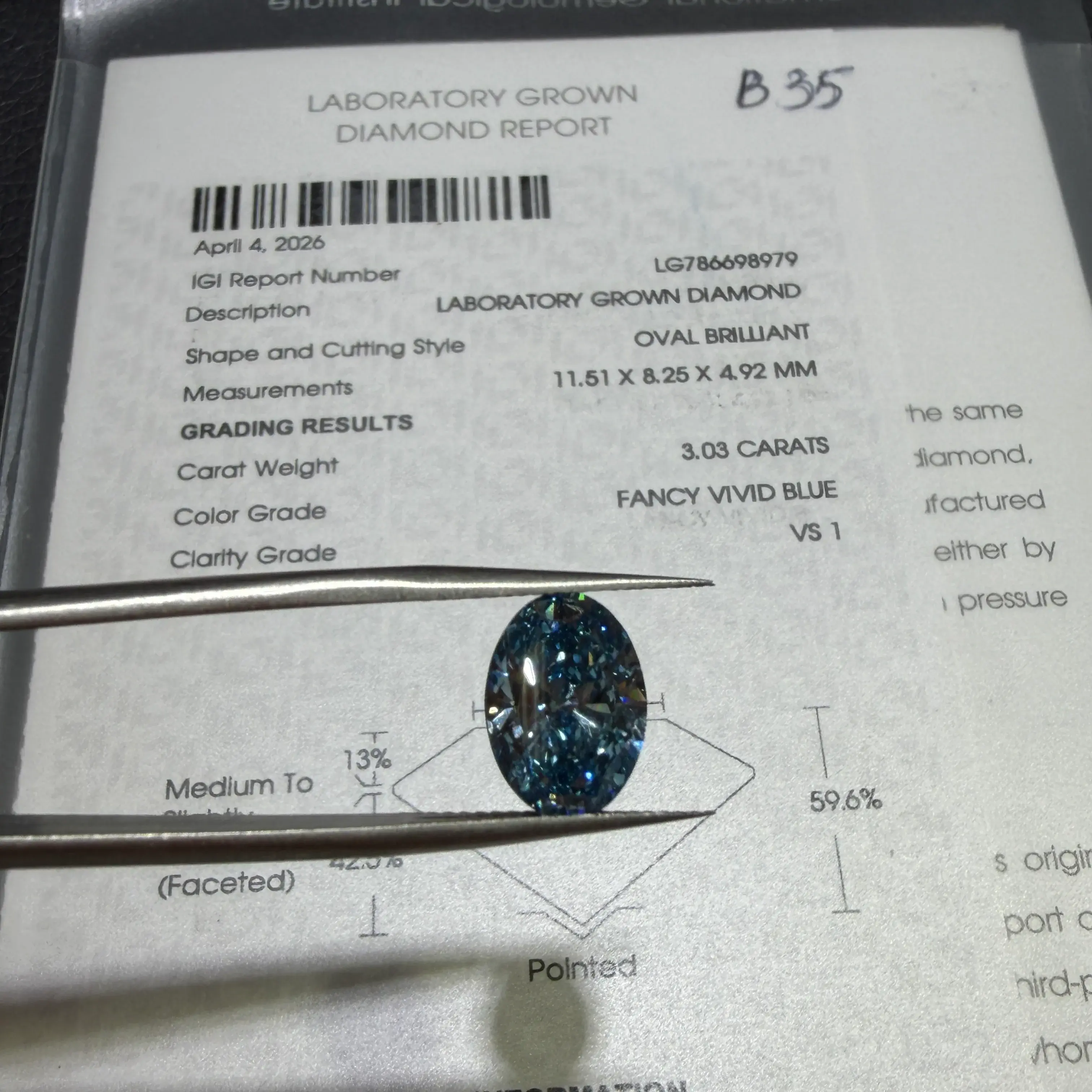 3.03ct Oval Brilliant Lab Grown Diamond (Fancy Vivid Blue, VS1, IGI Certified)