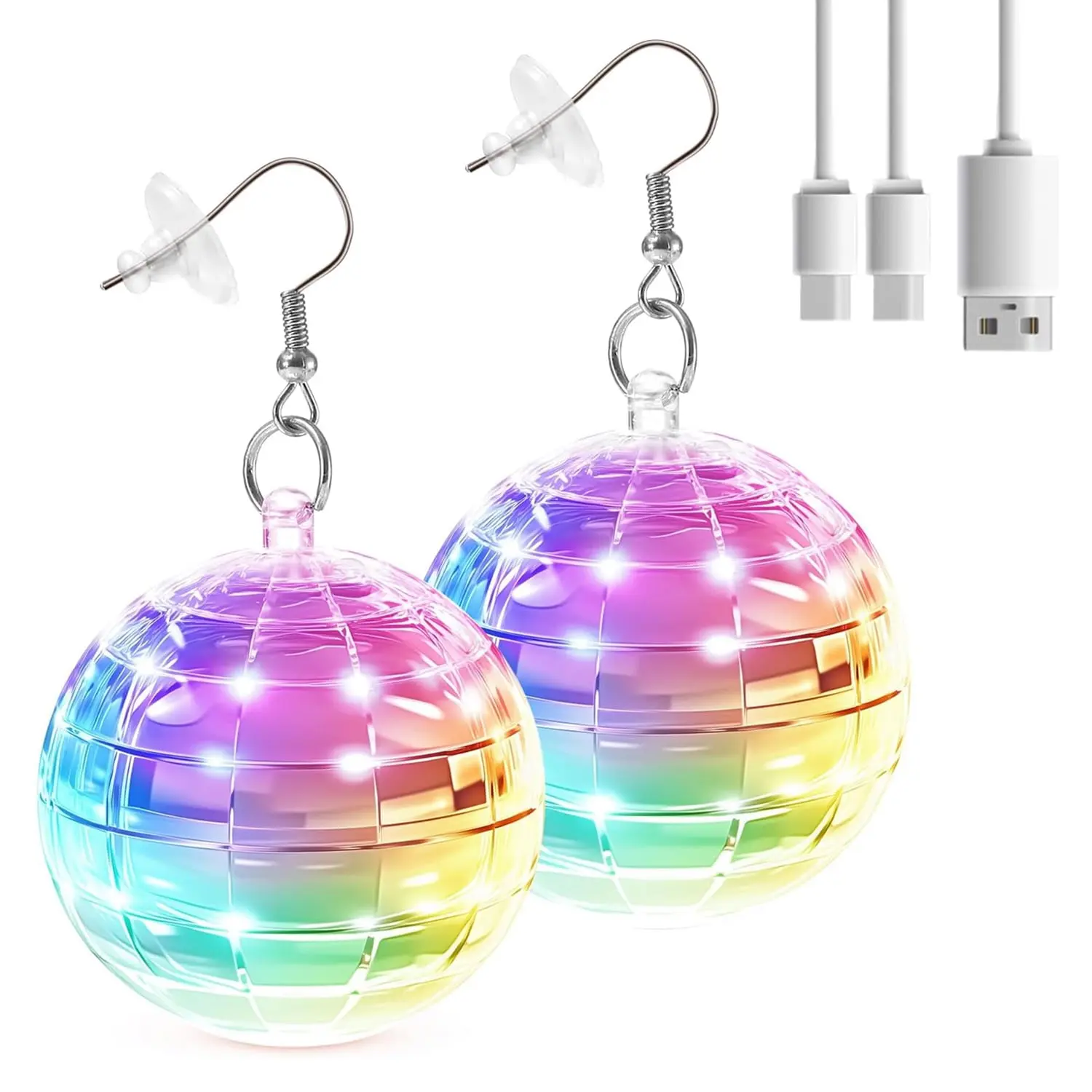 HOMEYA 2Pcs Disco Ball LED Earrings, USB Rechargeable with 16 Light Modes for Party, Christmas Costume Accessories