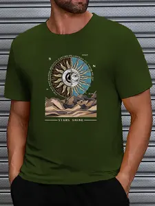 Summer Sun Moon Mountain Landscape Print Men's T-Shirt American Outdoor Loose Cotton Short Sleeve Tee