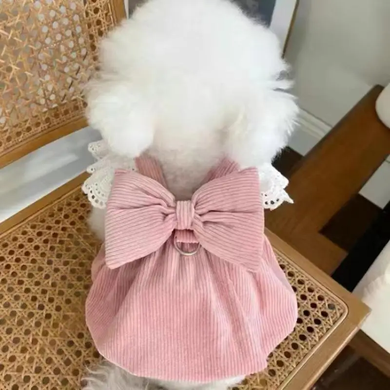 Bow Decor Corduroy Lace Pet Dress, Cute Dog & Cat Clothing, Pet Costume for Party, Daily Wear