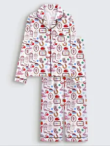 Women's Long Sleeve Sleepwear Loungewear Set, Western Culture Print, Elegant Casual, Comfortable Lapel Top & Wide Leg Pants, Holiday Party Wear, Pajama Set