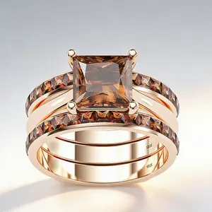 Aossio Chocolate Princess Cut Two Tone Vintage Engagement Wedding Bridal Set