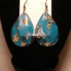 Teal Teardrop Dangle Earrings with Gold Foil Accents