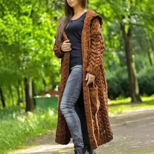 Women's Cardigan Braided Lazy Wind Hooded Long Cardigan Sweater Knitwear Cotton ?