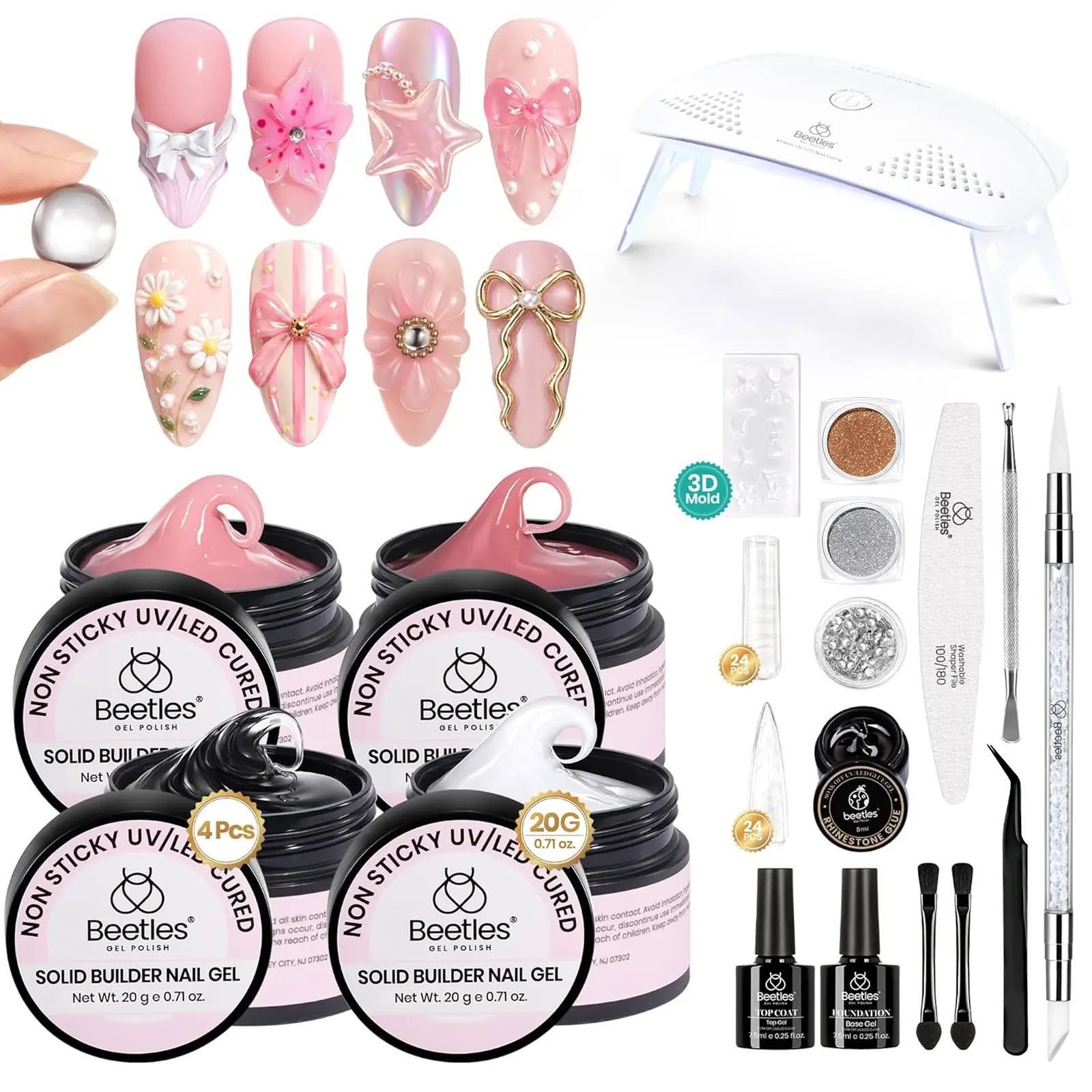 Beetles 20g*4 Colors Solid Builder Gel Nail Art Kit - Clear,Pink,White Silicone Hard Gel for 3D Sculpting,Non-Sticky Hand Carving,Nail Extension with Mold,Chrome Powder,Manicure Tools,Cosmetic Polish - Salon DIY Rhinestone-Compatible Solution