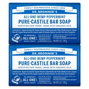 Dr. Bronner's - Pure-Castile Bar Soap (Peppermint, 5 ounce, 2-Pack) - Made with Organic Oils, For Face, Body and Hair, Gentle and Moisturizing, Biodegradable, Vegan, Cruelty-free, Non-GMO