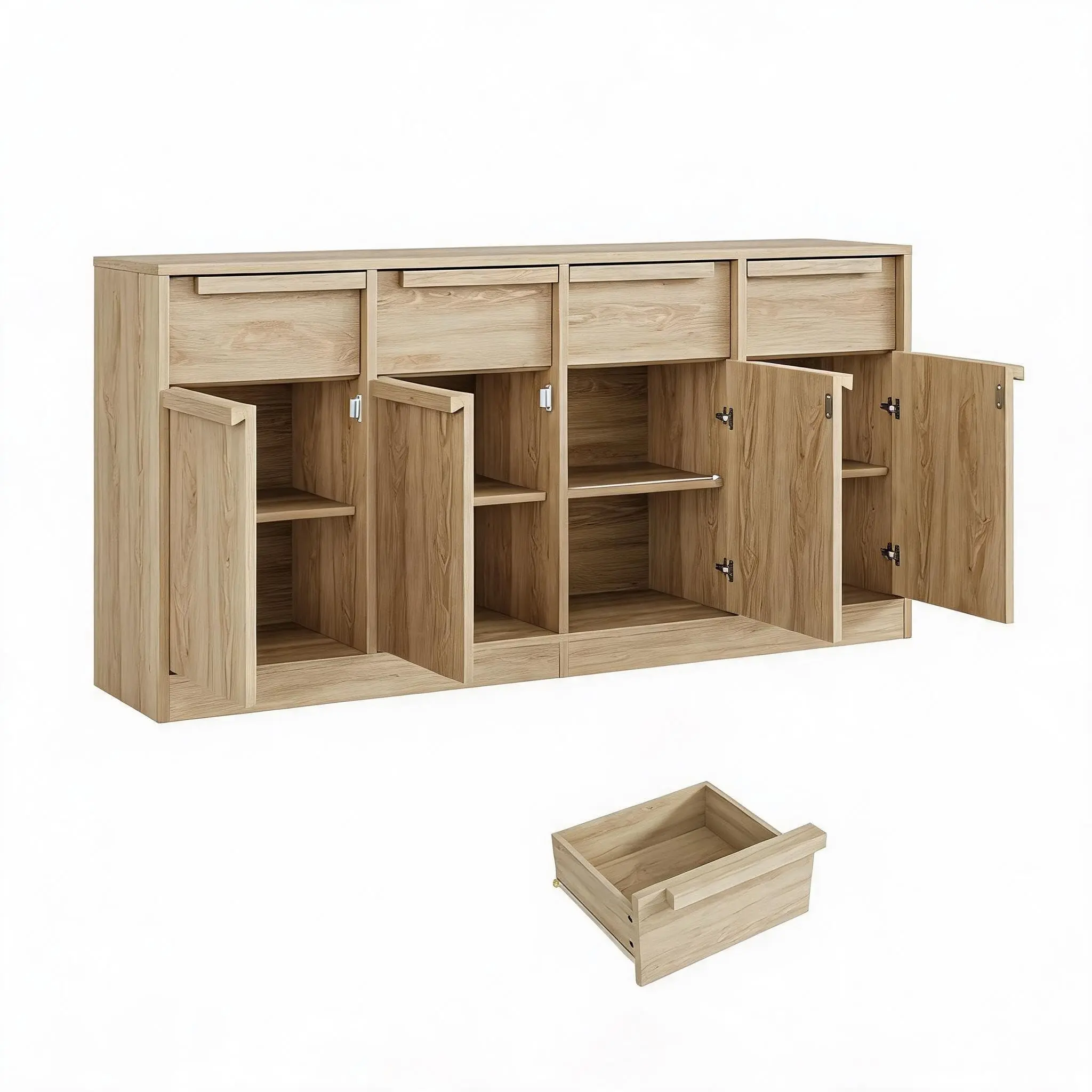 Wooden Sideboard Cabinet - Single Unit with Hidden Handles, Flat Base, Multi-Color PB Storage Buffet, Wide Countertop for Kitchen, Entryway