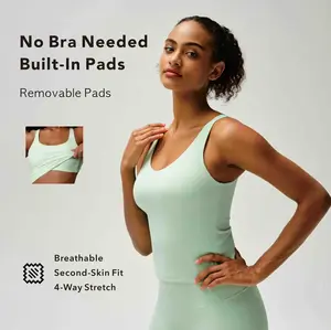 RRIVE U Neck Double Strap Yoga Tank Top with Built In Bra Removable Pads Sculpting Slim Fit Quick Dry Breathable for Workout Training Minimalist
