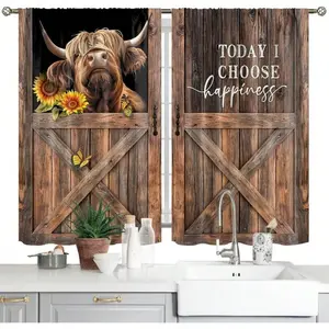 2 Panel 28"X40" Farmhouse Sunflower Highland Cow Kitchen Curtains Short Small Rustic Country Cow Retro Vintage Farm Animal Cattle Window Curtains Quotes Bedroom Window Drapes Treatment Tier Curtains