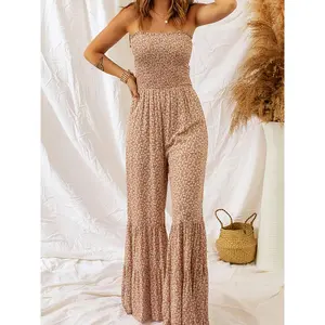 Boho Chic Floral Wide-Leg Jumpsuit for Women - Elegant High-Waist Ruched Design with Spaghetti Straps, Rust-Colored Polyester, Perfect for All Seasons, Casual Wear Jumpsuit | Spaghetti Strap Top | Flowing Texture, Floral Print Jumpsuit