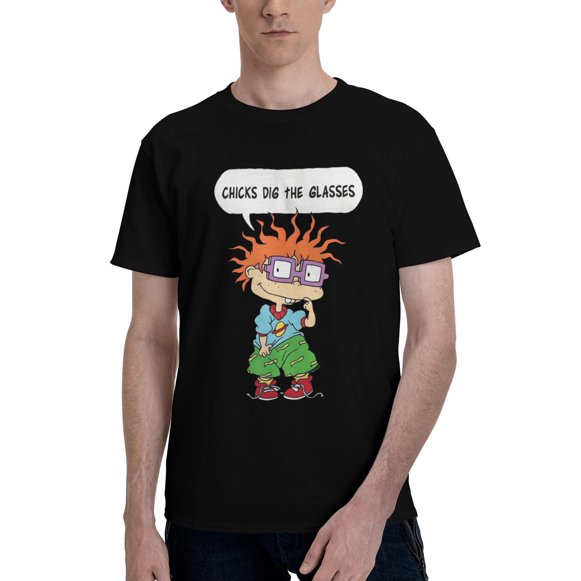 Rugrats Chucky Chick Loves Glasses T-shirt, 100% Cotton, Holiday Gift, in-Store Explosion, Get a Lot of Praise, Male, Female, Dad, Family, Mother, Friend AAA,180G, round Collar in Black, glasses